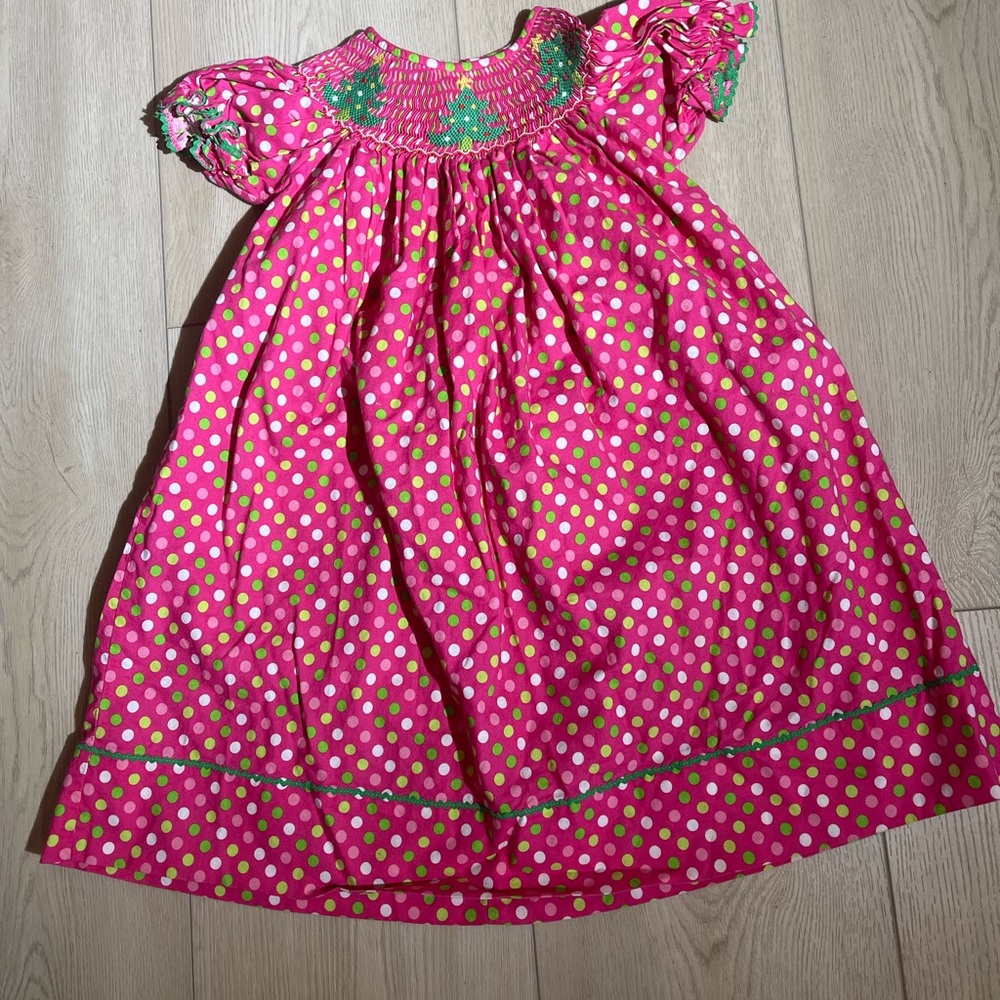Velani Classics girl's smocked dress Sz 3T pink Christmas tree cotton